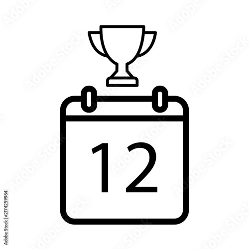 Calendar page date with trophy cup black vector line icon