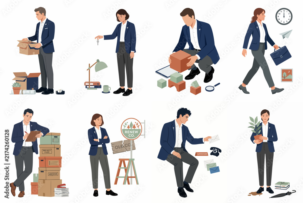 Obraz premium Vector illustration set of business characters in suits performing various office tasks, packing boxes, and walking to work on a white background.