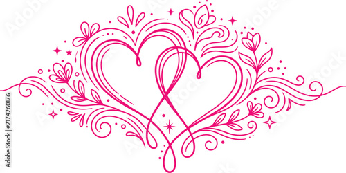 Pink Floral Heart Line Art Ornament with Romantic Decorative Swirls.