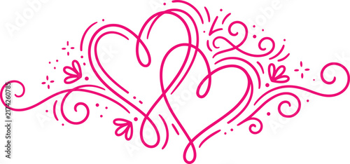 Pink Floral Heart Line Art Ornament with Romantic Decorative Swirls.