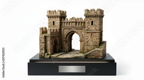 Miniature stone castle gatehouse model on a black display stand with blank plaque.