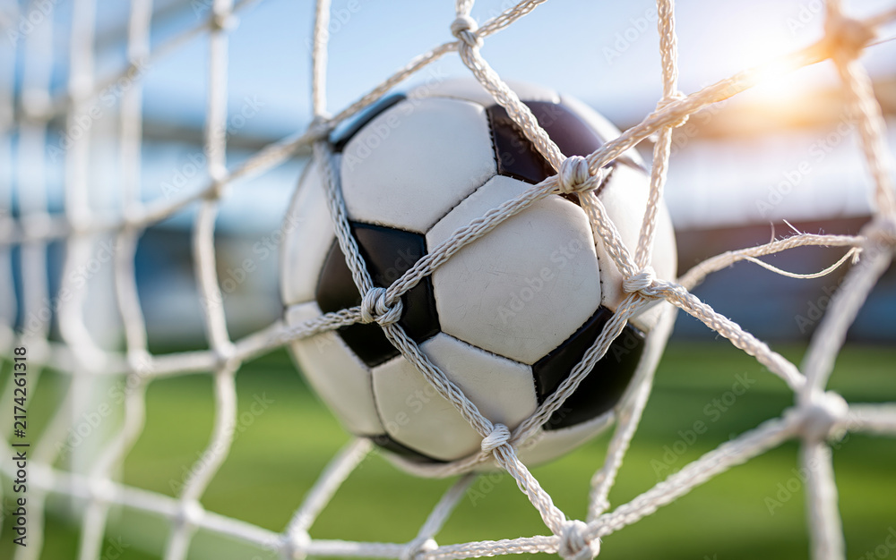 Naklejka premium Soccer ball hitting goal net on green field