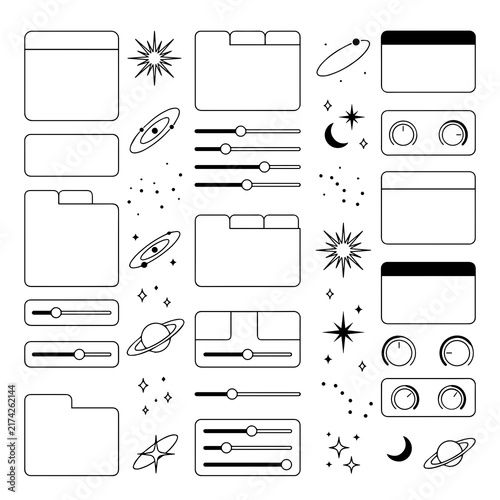 Cosmic y2k UI elements folder tabs and star sparkle vector collection