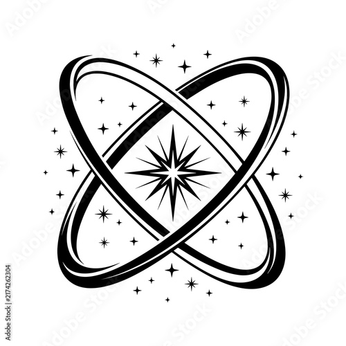 Stylized glowing star center framed by double crossing orbital rings
