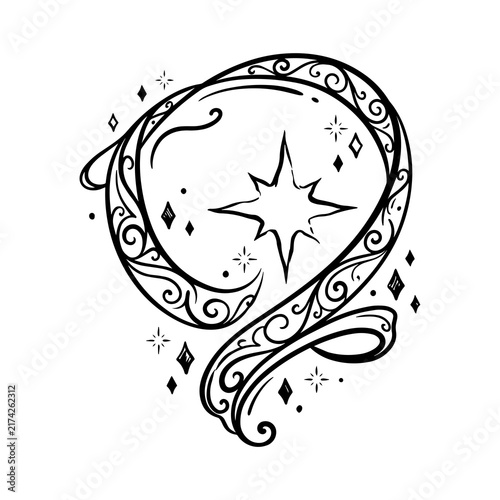 Celestial star surrounded by decorative scrollwork and magic diamond sparkles
