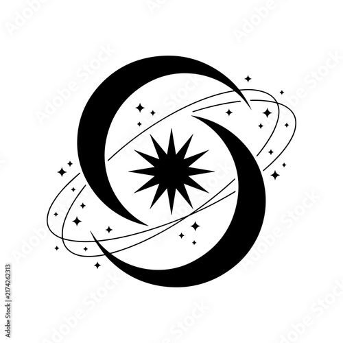 Celestial black moon phases and central star with orbiting cosmic spark elements