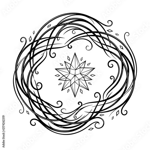 Geometric starburst inside intricate cosmic wreath with flowing magic lines