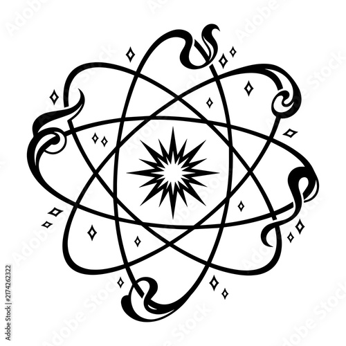 Atomic structure icon with orbital rings and sparkling star symbol in center