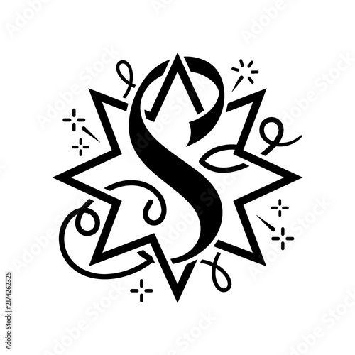 Decorative star symbol with letter s and magical festive swirls in black