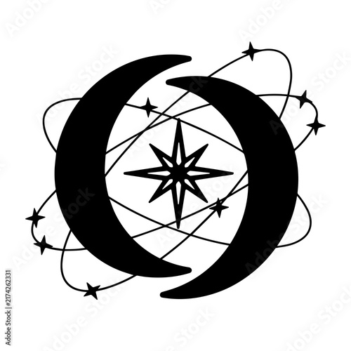 Black and white celestial graphic design featuring crescent moon and star symbol