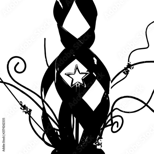 Abstract black and white ribbon pillar design with a central star icon