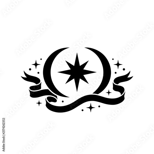 Black celestial star icon with crescent moon and ribbon banner illustration