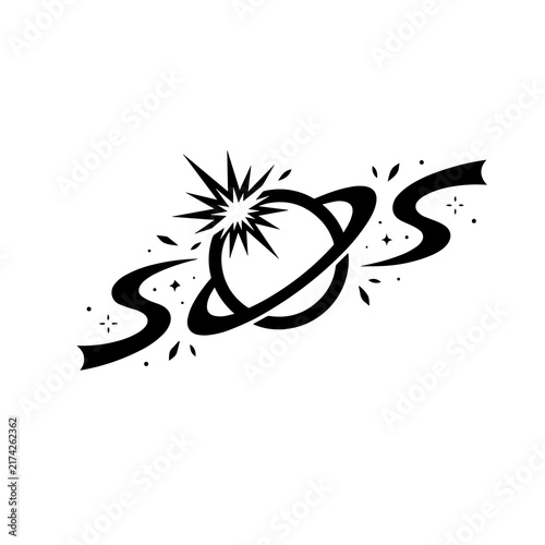 Planet saturn with ring explosion and decorative ribbon banner illustration