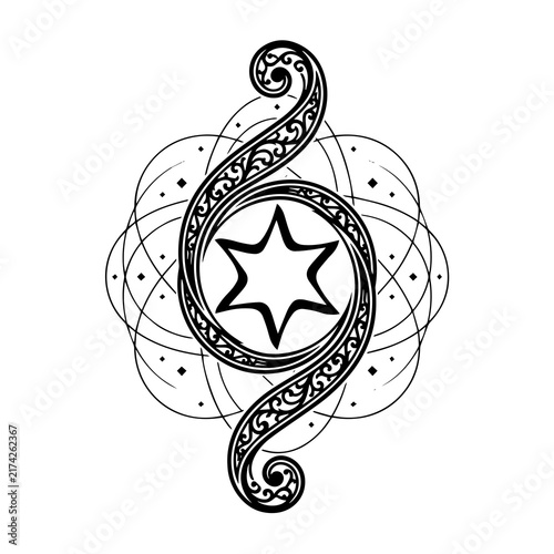 Decorative ornamental treble clef musical symbol with star and mandala elements
