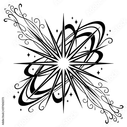 Dynamic black and white starburst with orbital rings and swirls