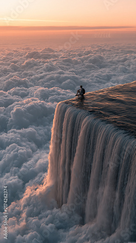 Cinematic 9:16 vertical photo, a lone woman sitting relaxed on the edge of a massive waterfall, high above a stormy cloudscape