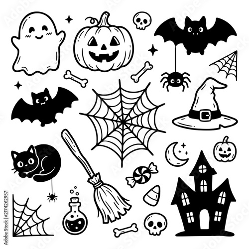 Cute Spooky Halloween Doodle Elements Set