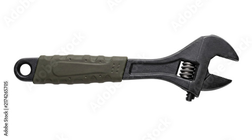 Cuadro en lienzo Dark gray adjustable wrench with green textured isolated on png transparent back
