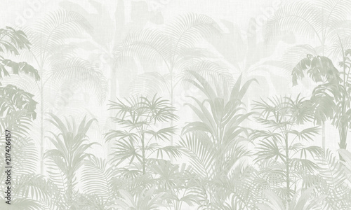 Tropical Botanical Wallpaper Background, Soft Palm Jungle Mural, Neutral Vintage Nature Wall Covering with Subtle Texture