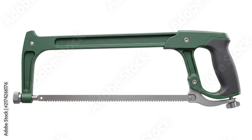 Canvas Print Green metal frame hacksaw with serrated blade isolated on png transparent backgr