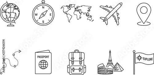 World Travel Line Icons Set, International Tourism Outline Vector Collection for Globe, Airplane, Passport, Luggage, Landmark and Location Design