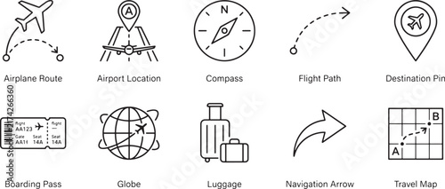 Travel Navigation Line Icons Set, Airplane and Adventure Outline Vector Collection for Airport, Compass, Flight Path, Boarding Pass, Globe and Map Design