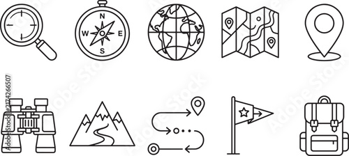 Outdoor Navigation Line Icons Set, Adventure Travel Outline Vector Collection for Compass, Mountain Map, Location, Trail Marker and Exploration Design