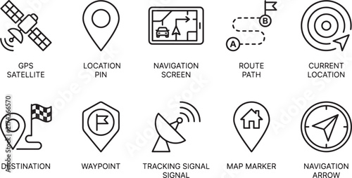 GPS Navigation Line Icons Set, Location Tracking Outline Vector Collection for Satellite, Route, Waypoint, Signal, Map and Travel Design