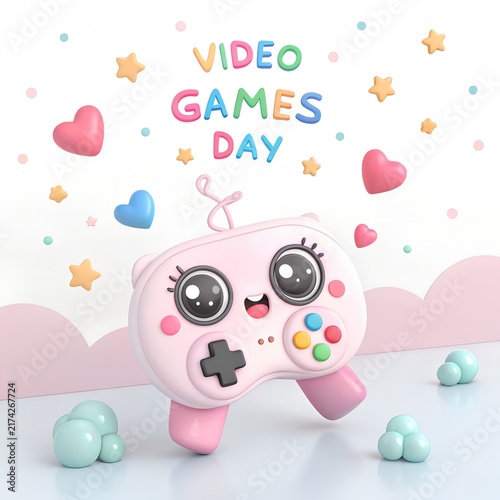 Cute 3D Video Games Day Illustration with Gaming Elements