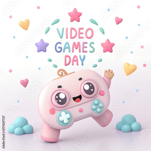 Cute 3D Video Games Day Illustration with Gaming Elements