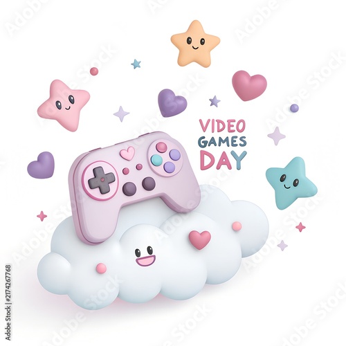 Cute 3D Video Games Day Illustration with Gaming Elements