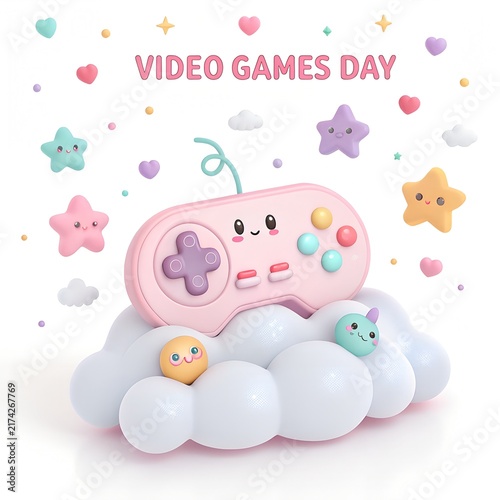 Cute 3D Video Games Day Illustration with Gaming Elements