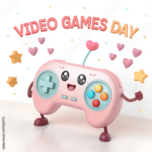 Cute 3D Video Games Day Illustration with Gaming Elements