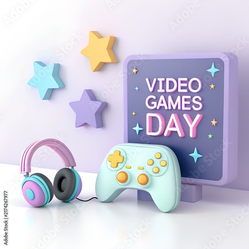 Cute 3D Video Games Day Illustration with Gaming Elements