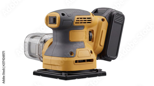 Fotografie Yellow and gray cordless orbital sander with dust isolated on png transparent ba
