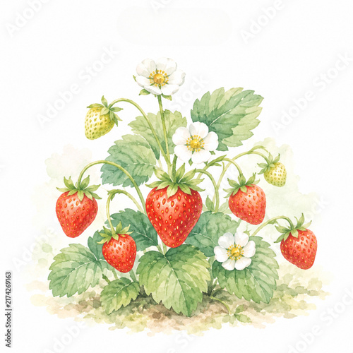 Fresh Strawberry Plant Watercolor Botanical Illustration