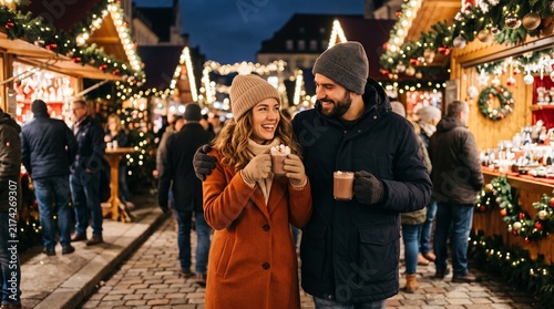 Couple Enjoying Hot Chocolate at a Festive Christmas Market Amidst Twinkling Lights and Stalls