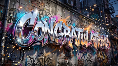 Large colorful graffiti artwork spelling a congratulatory message on an urban wall, combining metallic lettering, vibrant colors, and energetic street art details.