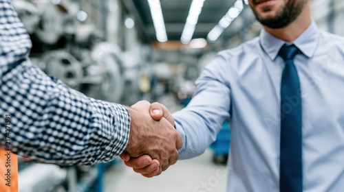 Business partners shaking hands in a modern factory, symbolizing partnership, cooperation, negotiation, trust, successful deals, and industrial business collaboration.