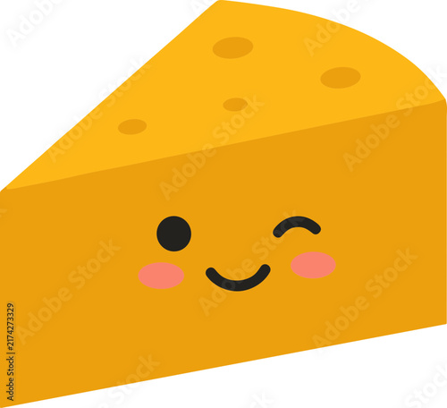 Cheese slice featuring a cute winking cartoon face with rosy cheeks on a white background.