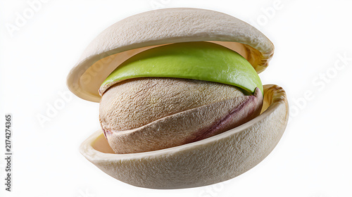 Open pistachio shell with green kernel and empty shell isolated on white