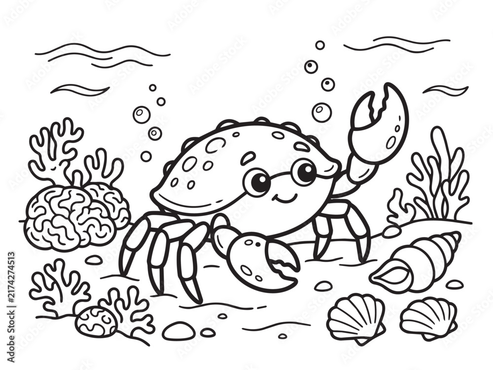 Obraz premium Coloring Page Cute cartoon crab with glasses underwater surrounded by coral and shells