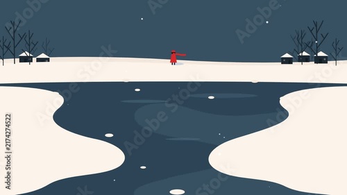 Snowy Winter Landscape with Frozen River and Small Village at Dusk.