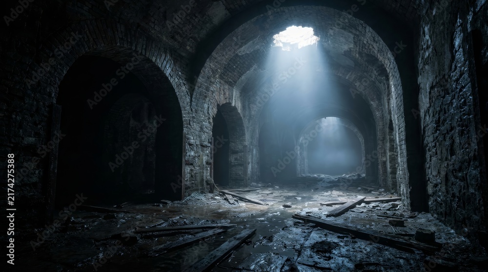 Fototapeta premium Dark spooky underground tunnel in an old abandoned industrial dungeon with low lights.