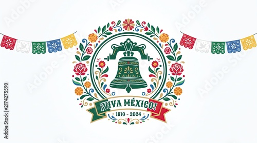 Mexican Independence Day emblem featuring Dolores bell surrounded by floral wreath and papel picado decoration