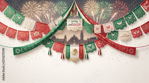 Mexican fiesta garland background with papel picado flags silk ribbons in national flag colors and fireworks