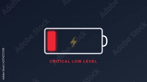 A graphic illustration of a battery icon showing a critical low power level with a lightning bolt symbol.