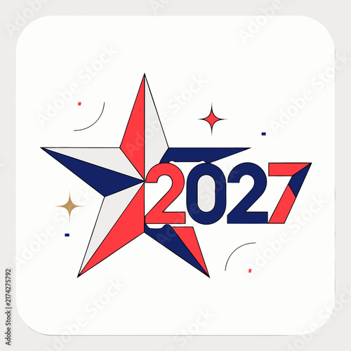 Happy New Year 2027 graphic design illustration with a large decorative star and bold numbers on a light background.