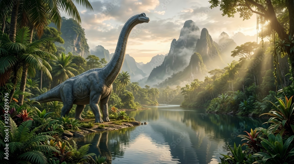 Obraz premium A prehistoric dinosaur stands in a lush Jurassic era jungle near tropical water.