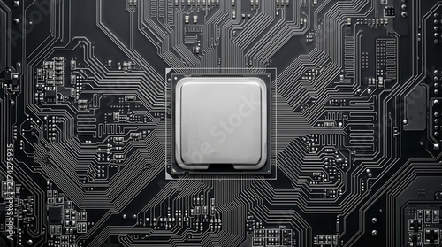 Obraz na płótnie A high-tech CPU processor mounted on a complex dark circuit board.